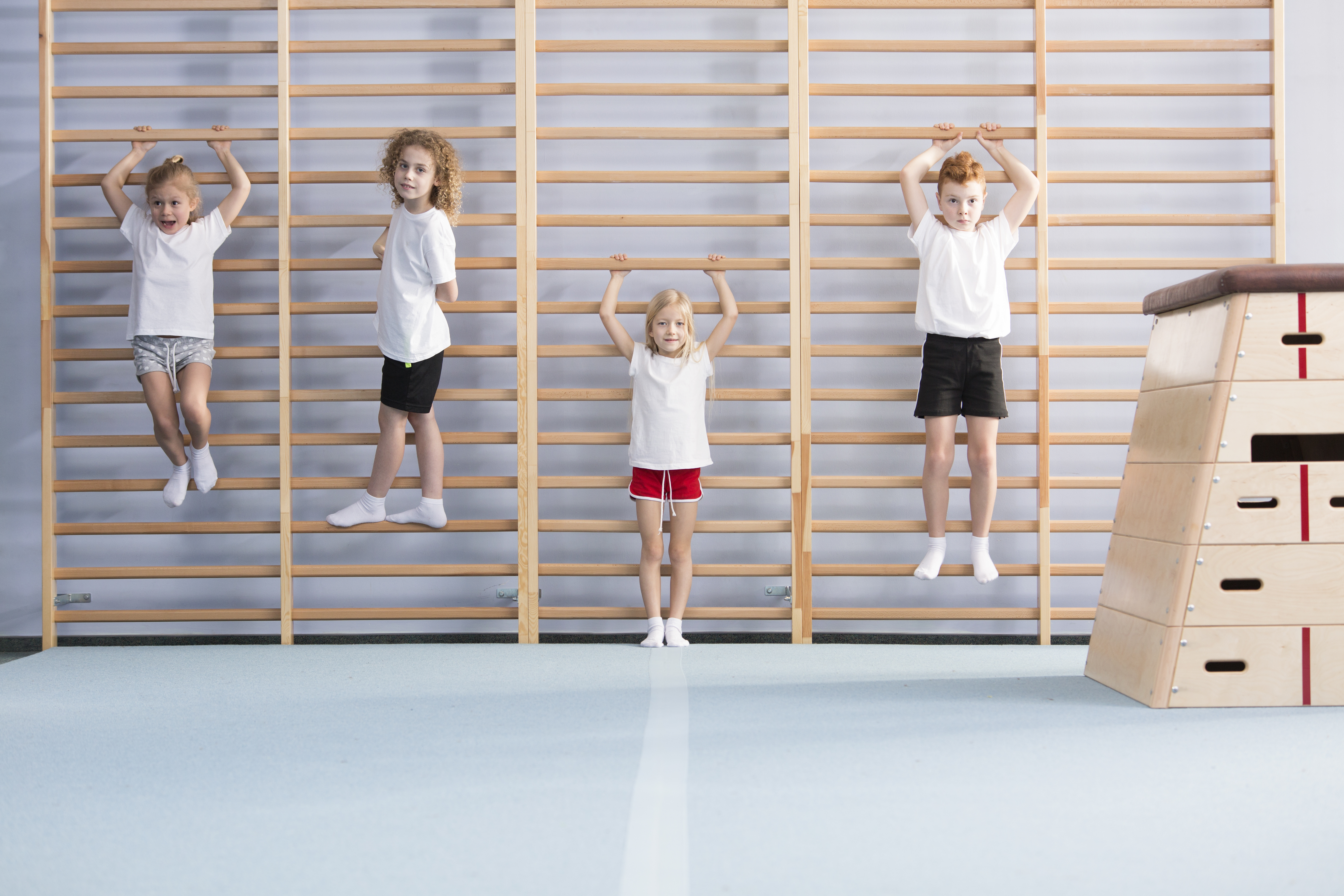 Young, active school boys and girls standing and hanging from wall bars, warming up for physical education athletics class